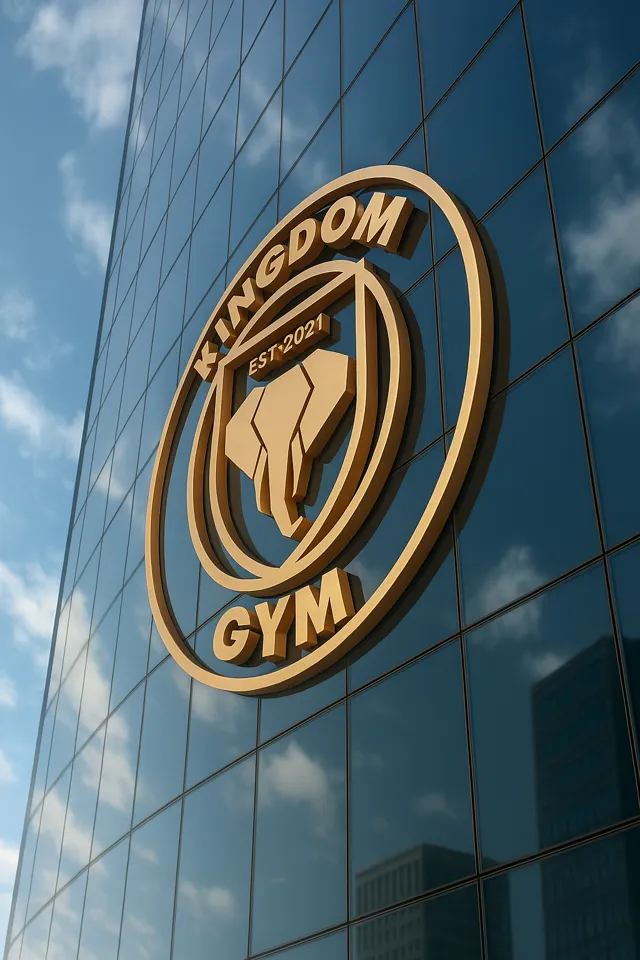 The Kingdom Gym sign in gold on the building